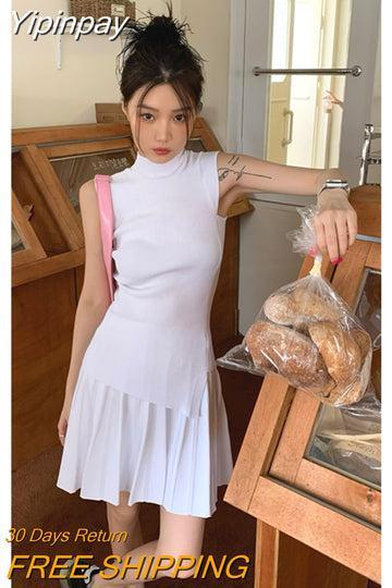 Yipinpay Black Two Piece Sets Womens Outfits Design Irregular Knitted Sleeveless Tops + Pleated Mini Skirts Suits Sporty Summer